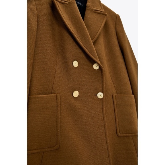 Zara Women's Coat Wool Blend Double-Breasted Tailored Toffee Brown Small NWT - Picture 5 of 14